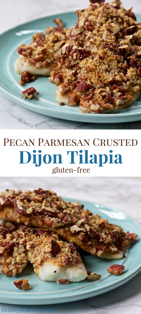 Pecan Parmesan Crusted Dijon Tilapia | Healthy Helper @Healthy_Helper Crunchy pecans combine with savory cheese to create a delicious topping for flavorful tilapia fillets! This main dish is perfect for a quick, healthy weeknight meal and will impress even non-seafood lovers! Tilapia Healthy, Pecan Crusted Tilapia, Seafood Recipes For Dinner, Tilapia Parmesan, Savory Cheese, Seafood Recipes Healthy, Tilapia Recipes, Healthy Weeknight Meals, Fish Recipes Healthy