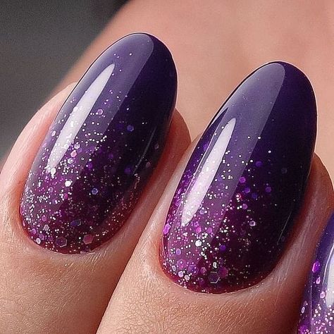 French Tip Press on Nails Medium Almond Fake Nails Press ons with Designs Chrome False Nails Long. Ongles Gel Violet, Purple Ombre Nails, Violet Nails, Purple Glitter Nails, Purple Nail Art, Purple Nail Designs, Fancy Nails Designs, Purple Nail, Pretty Nail Art Designs