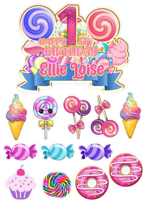 Candy Land Cake Topper Printable, Candyland Cake Topper Printable, Karioka Recipe, Candy Theme Cake, Baby Cake Design, Candy Toppers, Candyland Theme, Candyland Cake, Hello Kitty Printables