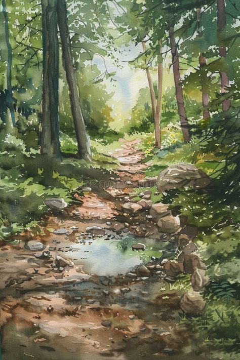 Serene Forest Path with Gentle Stream in Sunlit Woods - Nature Watercolor Painting royalty free stock photography Watercolour Forest Painting, Rock Path, Inspirational Paintings, Watercolour Landscapes, Wood Path, Serene Forest, Watercolor Paintings Nature, Nature Watercolor, Watercolor On Wood