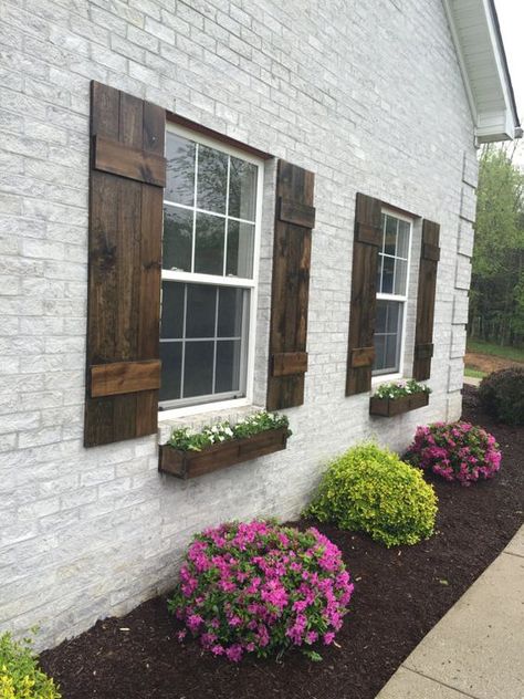 ** Farmhouse Board and batten Shutters ** ~ A perfect way to add curb appeal to… Farmhouse Shutters, Rustic Shutters, Farmhouse Exterior Design, Custom Shutters, Board And Batten Shutters, Wooden Shutters, Casa Vintage, Exterior Makeover, Shutters Exterior