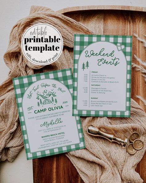 Get ready for an unforgettable adventure with our Camp Bachelorette Weekend Itinerary Template. Easily edit, download, and print this glamping bach schedule. Perfect for the adventure bride's hen do weekend. Includes retro camp bach decoration ideas, last trail veil invite, and camp themed decorations. Get your hens party started with our bachelorette logo and weekend schedule. ✅ INSTANT ACCESS ✅ EDIT ALL TEXT/FONT & FONT COLOR ✅ PRINT AT HOME OR PROFESSIONALLY ✅ PRINTING SERVICE 👉 https://bit.ly/3MzD1Zf ✅ RELATED ITEMS 👉 https://etsy.me/3Rl8mCG ✅ DEMO 👉 https://www.corjl.com/d/9D811 𝐖𝐇𝐀𝐓 𝐈𝐒 𝐈𝐍𝐂𝐋𝐔𝐃𝐄𝐃? - Bachelorette Weekend Itinerary - 5x7'' * Instructions This is a digital product - nothing physical will be shipped to you. It is necessary that you have basic computer skil Camp Bachelorette Party Itinerary, Camp Bach Itinerary, How To Plan A Bachelorette Weekend, Camp Bachelorette Invitations, Camp Bachelorette Itinerary, Camp Bachelorette Decor, Lake House Bachelorette Party Ideas, Autumn Bachelorette, Camp Bachelorette Theme