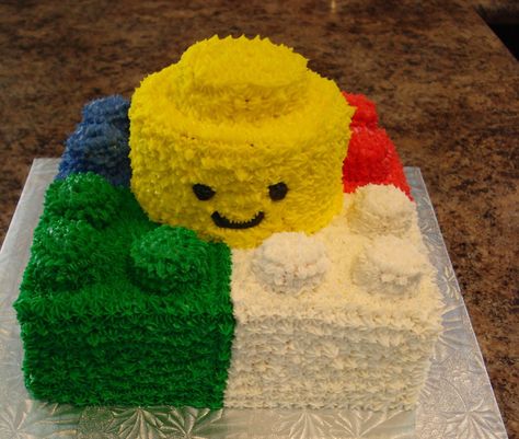 Lego Cake Buttercream piped. The dots on the Lego are marshmallows. Lego Birthday Cake Buttercream, Lego Cake Ideas Buttercream, Homemade Lego Cake, Lego Buttercream Cake, Diy Lego Cake, Lego Sheet Cake, Lego Cake Diy, Simple Lego Cake, Diy Lego Birthday Cake