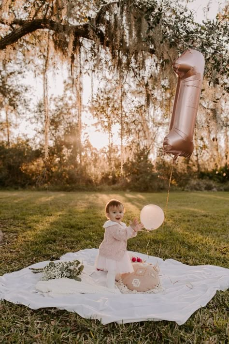 SARASOTA PORTRAIT PHOTOGRAPHER // one year old cake smash photoshoot inspiration Crib First Birthday Pictures, One Year Old Birthday Smash Cake, 1 Year Princess Photoshoot, Fall First Birthday Photoshoot Outside, Boho One Year Old Birthday Photos, Cake Smash Overalls, Outside 1st Birthday Photoshoot, Diy Two Year Old Photo Shoot, 1st Birthday Inspiration