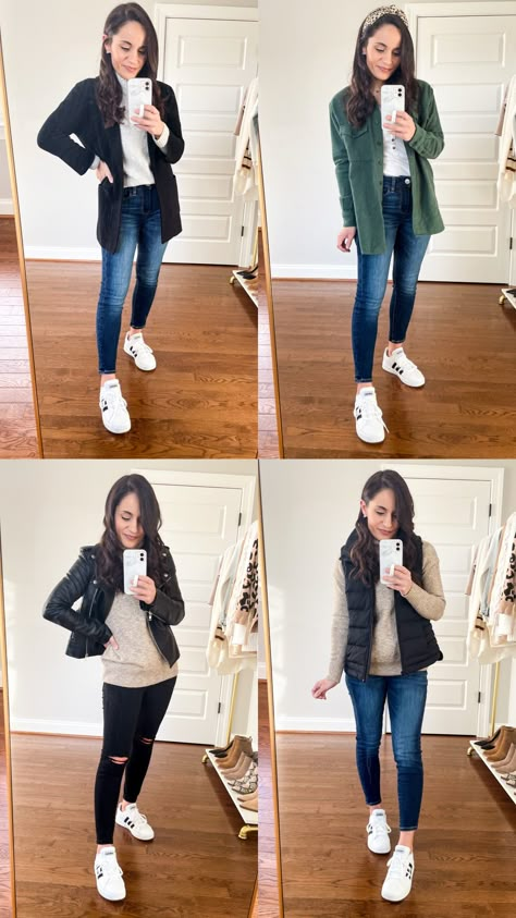 Five Winter Sneakers Outfits | Petite Style | Pumps & Push Ups Casual Winter Outfits Petite, Petite Winter Outfits Casual, Winter Sneaker Outfits Women, Cute Sneakers Outfit, Cool Winter Palette Outfits, White Sneakers Outfit Winter, Women Sneakers Outfit, Palette Closet, Texas Fits