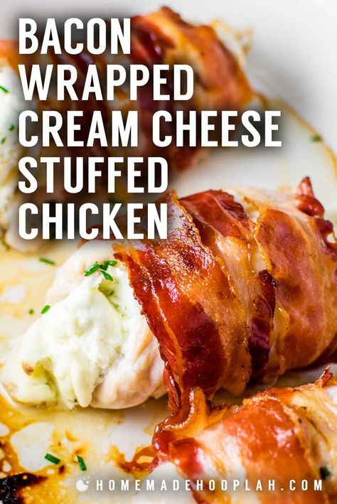 Essen, Chicken Recipes With Cream Cheese, Baked Bacon Wrapped Chicken, Bacon Wrapped Cream Cheese, Cream Cheese Stuffed Chicken, Chicken Bacon Recipes, Bacon Wrapped Stuffed Chicken, Baked Stuffed Chicken, Stuffed Chicken Breast Cream Cheese