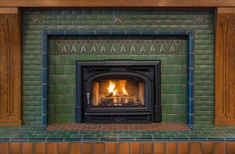 1920s Fireplace, Subway Tile Fireplace, Arts And Crafts Fireplace, Craftsman Interior Design, Fireplace Backsplash, Hearth Tiles, Craftsman Fireplace, Art Deco Fireplace, Craftsman Tile