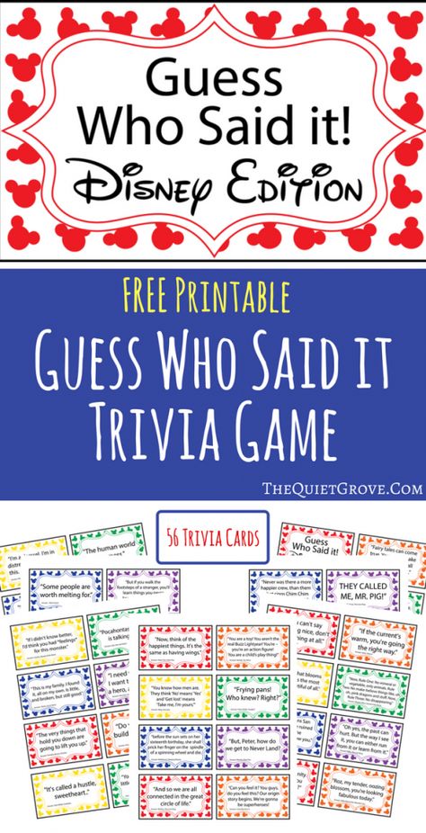 Free Printable Guess Who Said It: Disney Edition ⋆ The Quiet Grove Printables Organizational, Printable Guess Who, Perfect Scones, Starbucks Protein, Bistro Box, Tea Scones, Disney Trivia, Disney Activities, Long Car Trips