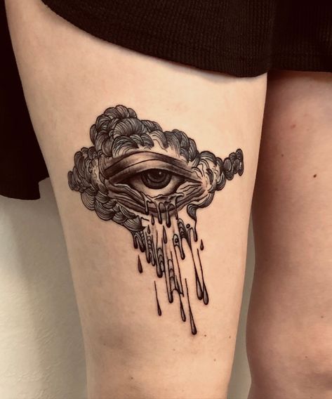 Glitch Realism Tattoo, Cloud Knee Tattoo, Cloud Tattoo Cover Up, Eye In Cloud Tattoo, Melting Eye Tattoo, Dark Cloud Tattoo, Black Hole Sun Tattoo, Abstract Eye Tattoo, Eye Sun Tattoo