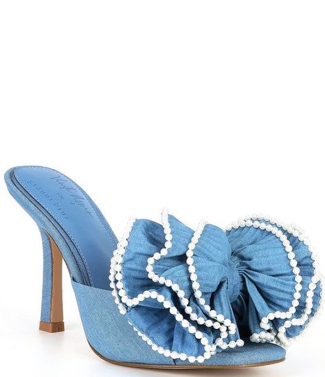 Venita Aspen, Dress Mules, Denim Heels, Pearl Bow, Beautiful Heels, Denim Chic, Gianni Bini Shoes, Bow Dress, Ring Light