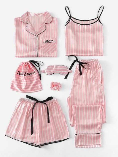 7Pcs Letter Embroidered Striped PJ Set With Shirt -SheIn(Sheinside) Star Wars Outfit, Pijamas Women, Striped Pajama, Mode Glamour, Satin Pj Set, Pajama Outfits, Cute Pajama Sets, Cute Sleepwear, Pastel Outfit