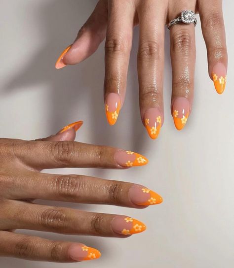 spring nails, spring nails 2022, flower nails, flower nail designs 2022, floral nails, flower french tip nails, flower nail art design Funky Orange Nails, Pink And Orange Flower Nails, French Tip With Design Nails, Flower Nails Orange, Orange Acrylic Nails Designs, Orange Floral Nails, Nail Inspo Orange, Trendy Orange Nails, Orange French Tip Nails