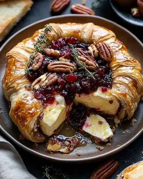 Baked Brie with Cranberry Sauce and Pecans Baked Brie With Cranberry Sauce, Brie With Cranberry Sauce, Baked Brie With Cranberry, Baked Brie Cranberry, Classic Christmas Recipes, Lobster Cream Sauce, Boards Party, Pecan Baked Brie, Brie Cranberry