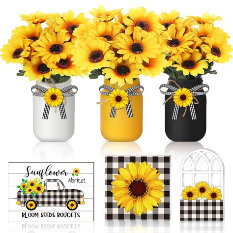 PRICES MAY VARY. Products Content: you will receive 3 pieces of wedding decorations jars in white, yellow and black, 6 bunches of faux sunflowers, 3 perforated sunflower wood pieces, 3 strands of twine and 3 pieces of black and white checked ribbon; There is enough quantity to meet your decoration needs Size Information: these decorative pint canning jars measure about 5.08 x 3.23 inches/ 12.9 x 8.2 cm, have a capacity of about 500 ml/16.9 oz, each piece of sunflower wood slice measures about 1. Sunflower Kitchen Decor Farmhouse, Mason Jar Table Centerpieces, Jar Table Centerpieces, Sunflower Signs, Sunflower Tiered Tray Decor, Sunflower Tiered Tray, Wooden Sunflower, Summer Table Decorations, Table Centerpieces For Home