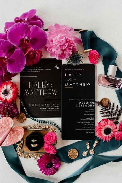 Moody, Colorful Details Shine in Wedding at Upper East in Kenosha | Wisconsin Bride Dark Magenta Wedding, Bright Moody Wedding, Black And Magenta Wedding, Black Wedding With Bright Flowers, Moody Black And Pink Wedding, Magenta Flowers Wedding, Moody Summer Wedding, Kenosha Wisconsin, Magenta Wedding