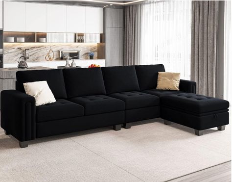 Sandwich Design, Couch With Storage, Ottoman Black, Movable Storage, Living Room Furniture Styles, Sofa Black, Sectional Sofa With Chaise, Black Ottoman, Sofa With Chaise