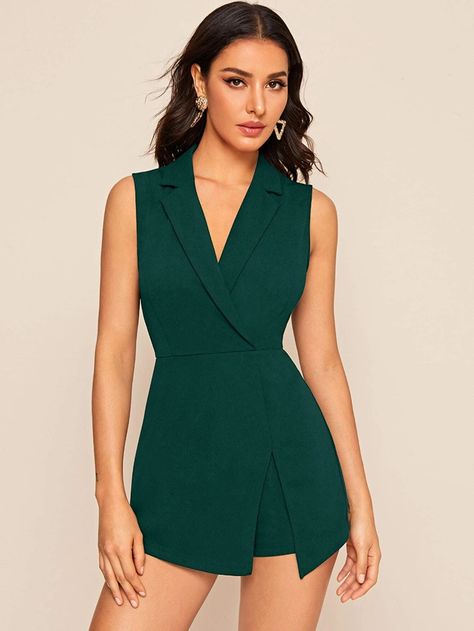 Notch Collar Solid Blazer Skort Romper | SHEIN USA Minimalist Business Casual, Skort Romper, Comfy Jumpsuits, Solid Jumpsuit, Wrap Romper, Backless Jumpsuit, Notch Collar, Sleeveless Rompers, Looks Chic