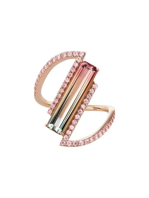 Reflecting a contemporary style, this bi-color tourmaline ring features a super-elongated center stone and rose gold band that wraps arounf the finger, studded with Argyle Pink Diamonds. Tourmalines are one of the most diverse gems in jewelry; offering a wide color range in a single stone. 5.44ct Tourmaline 0.51ct Argyle 8P/PP-9P/PP PC1 Pink Diamonds Ring set in 18K Rose Gold Ring With Square Stone, 2 Stone Ring Design, Colorful Gold Jewelry, Ring For Index Finger, Minimal Rings, Stone Settings Jewelry, Diamond Finger Ring, Stone Ring Design, Fancy Diamond Ring