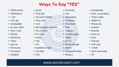 English greetings! List of different ways to say YES with examples. Learn these YES synonyms to enhance your vocabulary and improve your communication skill in English. Yes Synonyms, Ways To Say Yes, English Greetings, Proposal Romantic, Synonyms For Awesome, Romantic Photos Couples, Portfolio Ideas, English Writing Skills, English Writing