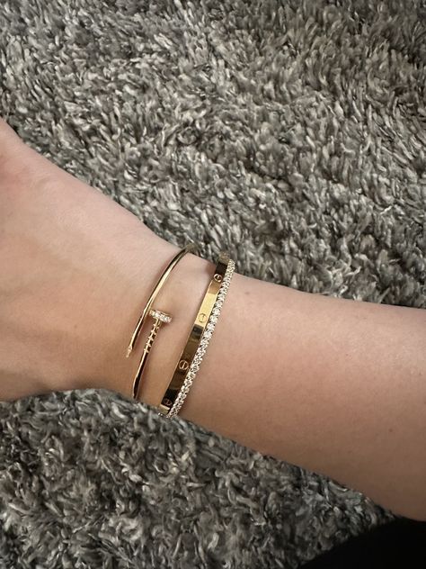 Cartier With Tennis Bracelet, Cartier Love Bracelet With Tennis Bracelet, Tennis Bracelet Stack Cartier, Cartier Juc Bracelet Stack, Cartier Small Love Bracelet Stack, Solitaire Diamond Bracelet, Cartier Bracelet Stack Ideas, Cartier Stacked Bracelets, Cartier Small Love Bracelet