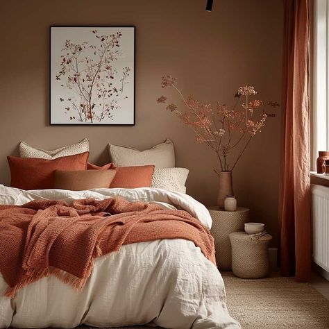 Earth Colours Bedroom, Orange And Gray Bedroom Ideas, Bedroom Clay Color, Rust Colour Bedroom, Rust And Beige Bedroom, Terracota Bedding Room, Main Bedroom Colour Ideas, Bedroom Ideas Brown Walls, Pale Orange Bedroom