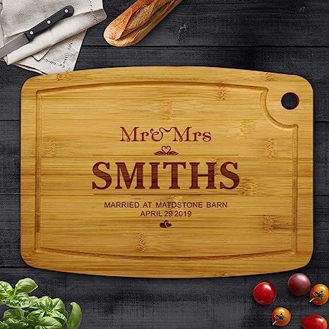 Personalised Chopping Board Bamboo Cheese Board Wedding Gift Laser Engraved Housewarming Gift Custom Wedding, Valentines or Anniversary Present for Families (Mr & Mrs) The laser engraved chopping board is the ideal gift for couples or families, also great as a house warming. Wedding Gifts for couples, Anniversary, Valentines or Birthday present Personalised Chopping board available in 4 designs with the happy couples or families names Cheese Board Wedding, Cheeseboard Gift, Personalised Chopping Board, Bamboo Chopping Board, Kitchen Christmas Gifts, Board Wedding, Engagement Gifts For Couples, Wedding Gifts For Couples, Anniversary Present