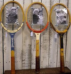 Got to love the personality of an old wooden tennis racket!  We have turned these cuties into picture frames.  Makes a great kitchy gift for the tennis lovers! Tennis Decorations, Tennis Crafts, Tennis Birthday Party, Tennis Ideas, Tennis Wedding, Wimbledon Party, Tennis Party Decorations, Tennis Birthday, Check Money