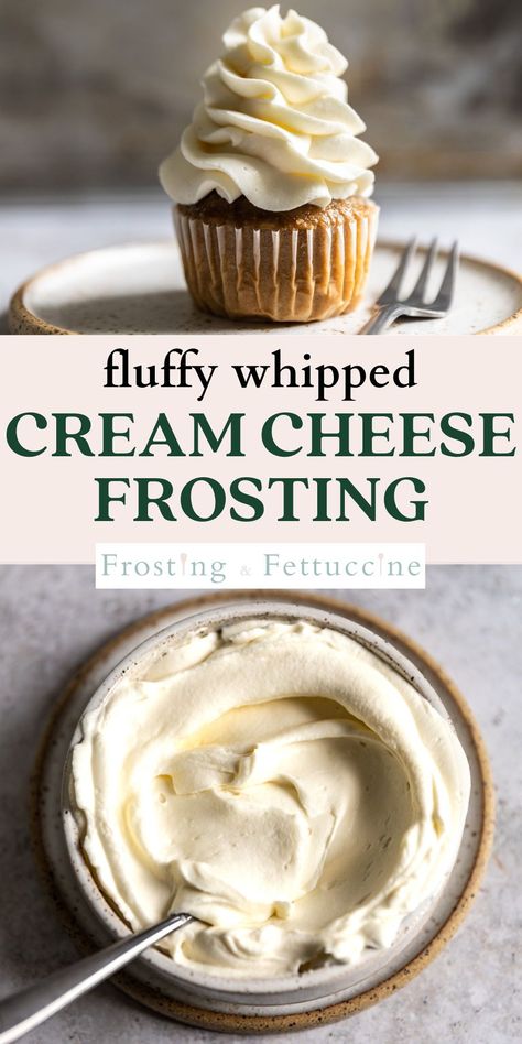 This homemade whipped frosting recipe with cream cheese uses only 4 ingredients to create a light and airy frosting for cupcakes or cakes! It's stable at room temperature and holds it shape for piping, too. This homemade cream cheese frosting is a sweet and tangy frosting perfect for any dessert. Light And Airy Whipped Cream Frosting, Different Frosting Flavors, Buttercream Icing Recipe For Cupcakes, Stable Cream Cheese Frosting For Cakes, Whip Cream Cream Cheese Frosting, Cream Cheese Icing Recipe For Cake, Whipped Cream Cheese Frosting For Cake, Ina Garten Cream Cheese Frosting, Fluffy Whipped Cream Frosting