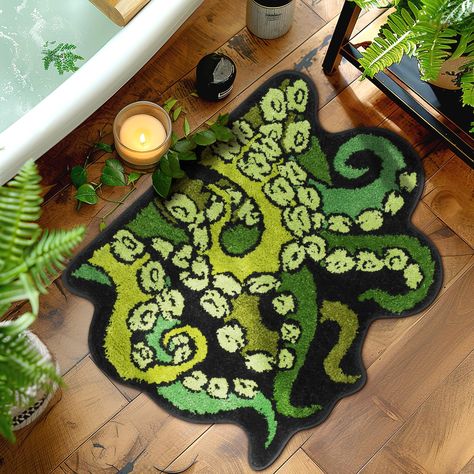 PRICES MAY VARY. 【Gothic Octopus Bath Mat】Enhance the look and feel of your bathroom with our premium tufted octopus bath mat. Designed to bring a touch of gothic and charm to your daily routine, this bath mat combines functionality with novelty style. 【Premium Quality】Crafted with care. Using the special pattern,texture and color of our shaggy octopus into the tufted craft design of the octopus tentacles rug. Our bath mat features a tufted octopus tentacles design that adds a horrific vibe to y Cool Bathroom Rug, Alternative Decor Bedroom, Unique Bathroom Rug, Nature Themed Bathroom Decor, Artsy Small Bathroom, Deep Ocean Decor, Ocean Apartment Decor, Dnd Inspired Home Decor, Apartment Decorating Goth