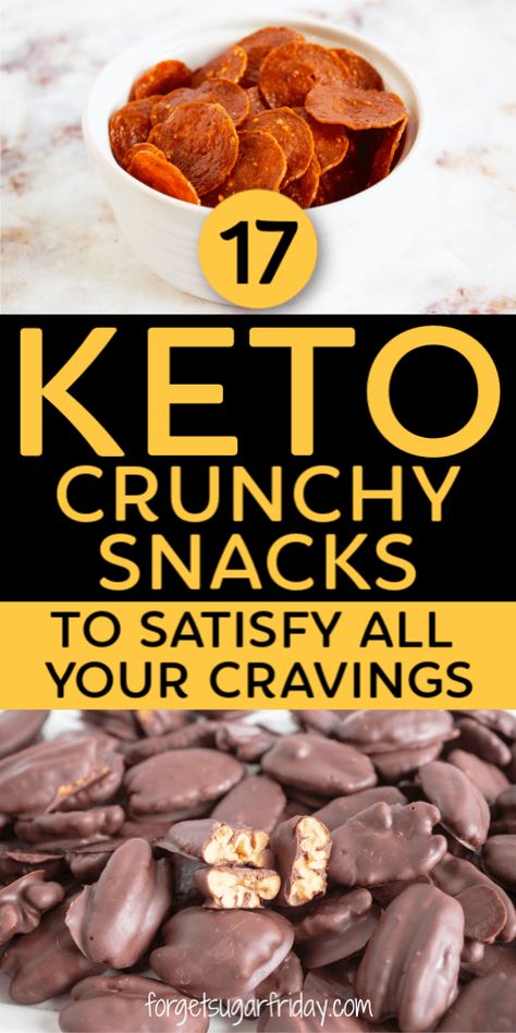 Craving crunchy snacks on keto? I've got you covered with this roundup of 17 amazingly crunchy keto snacks that actually taste good! From macadamia nuts to pizza chips to chocolate granola, you'll definitely find a keto snack to satisfy your crunch craving on this post. Includes both standalone keto snacks and keto snacks recipes! Snacks On Keto, Low Carb Crunchy Snacks, Keto Pepperoni, Pepperoni Chips, Pizza Chips, Crunchy Snacks, Keto Granola, Cheese Chips, Chocolate Granola