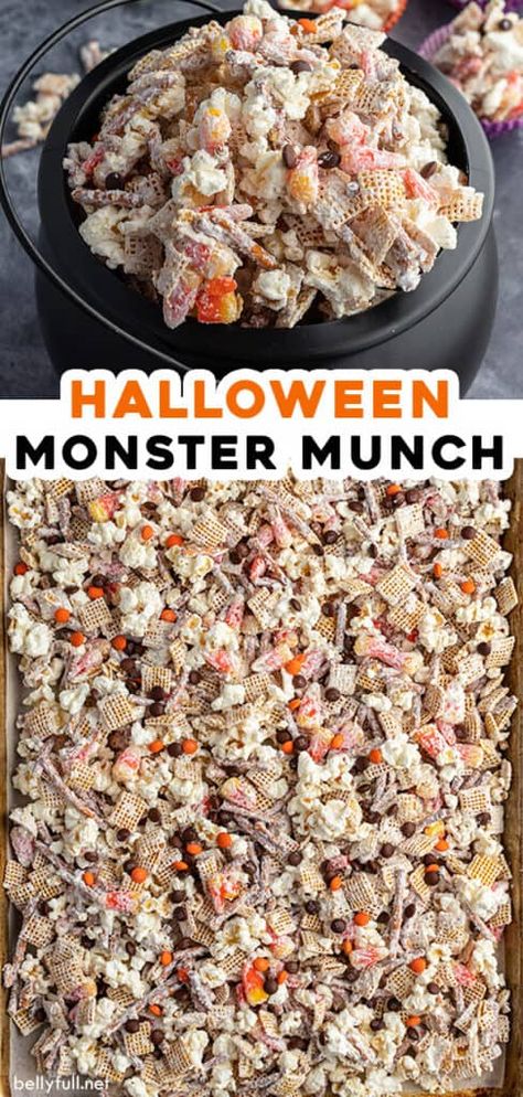 Easy Halloween Chex Mix Recipes, Monster Munch Popcorn, Halloween Popcorn Mix Monster Munch, Halloween Snack Mix Ideas, Halloween Themed Appetizers Easy, Munch Mix Recipes, Halloween Party Mix Snacks, Monster Treats For Kids, Halloween Party Mix Recipes