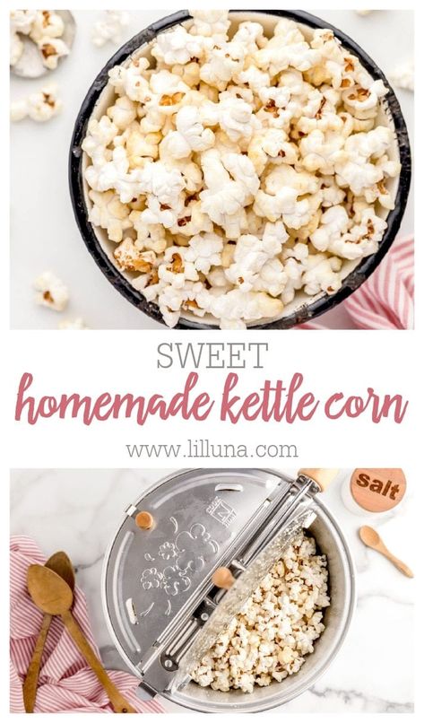 Sweet Homemade Kettle Corn is easy and delish. You'll never want to buy it again after you try our homemade version, because it's AMAZING!! #homemadekettlecorn #kettlecorn #kettlecornrecipe #popcorn #treats Diy Kettle Corn Popcorn, Whirly Pop Kettle Corn, Whirley Pop Kettle Corn, Easy Kettle Corn Recipe, Kettle Corn Recipe Microwave, Diy Kettle Corn, Homemade Popcorn Recipes, Homemade Kettle Corn, Kettle Corn Recipe