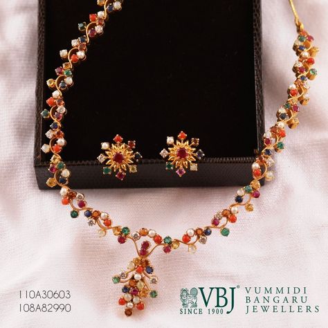 Grt Jewellers Oriana Necklace, Navaratna Necklace, Marriage Dresses, Navaratna Jewellery, Coral Jewelry Set, Simple Necklaces, Jewel Design, Gold Pendent, Gold Temple Jewellery