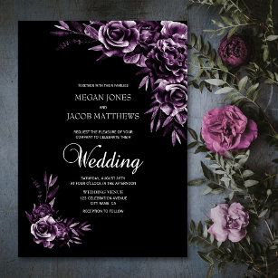 Purple Wedding Invitations Templates, Dark Purple Wedding Theme, Purple Black Wedding, Purple Monochrome, Dark Purple Wedding, Purple Wedding Invitation, Gothic Wedding Theme, Purple Floral Wedding, Purple Wedding Theme