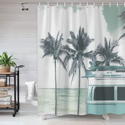 PRICES MAY VARY. Coastal Vacation Ambiance: Add a tropical vibe to your bathroom with our tour bus shower curtain, featuring retro ocean surfboards, Hawaiian palm trees, and vibrant banana trees. Perfect for Summer: Get ready for warmer weather and create a beachy sanctuary with this seaside surf-inspired shower curtain. Material: Made from polyester fabric, this curtain is easy to clean and will withstand frequent use. Versatile Design: Ideal for boys and men's bathrooms, the vintage teal and t Sea Shower Curtain, Ocean Theme Bathroom, Retro Ocean, Rustic Beach House, Man Bathroom, Banana Trees, Coastal Vacation, Green Ocean, Tour Bus