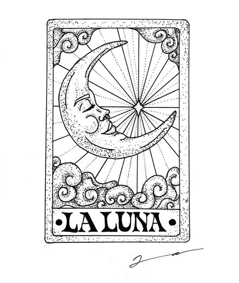 Tarot Lockscreen Aesthetic, Tarot Cards Sketch, Tarot Card Outline, Tarot Cards Drawing, Moon Tarot Tattoo, Tarot Card Drawings, La Luna Tarot Card, Loteria Tattoo, Christmas Tarot