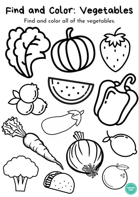 Colour The Vegetables Worksheet, Color The Fruits Worksheet, Fruit And Vegetables Worksheet Preschool, Vegetables Activity For Preschool, Vegetable Preschool Activities, Vegetables Worksheets Kindergarten, Fruits And Vegetables Worksheet For Kids, Vegetable Worksheets Preschool, Fruits Activity For Preschool