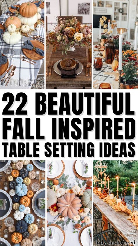 20 Beautiful Fall Inspired Table Setting Ideas Fall Tea Table Setting, Fall Formal Table Decor, Table Settings Rectangular, Table Setting With No Plates, Table Decor For Brunch, Oval Table Settings Ideas, Table Setting For Fall, Table Set Up For 30 People, Fall Tea Party Table Settings