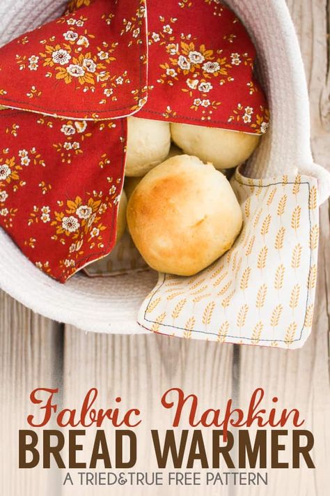 Use this free pattern to make your own Fabric Napkin Bread Warmer. Super easy to make with FREE pattern and looks great on a table! Bread Warmer, Fabric Napkin, Beginner Sewing Projects Easy, Kitchen Fabric, Leftover Fabric, Sewing Projects For Beginners, Sewing Skills, Diy Couture, Diy Sewing Projects