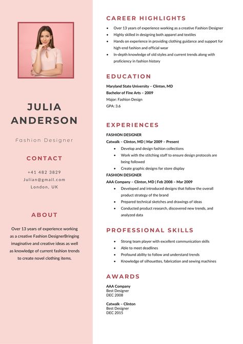 Fashion Designer Resume Format, Fashion Designing Resume, Fashion Designer Resume Template, Resume Format For Graphic Designer, Fashion Cv Template, Cv For Fashion Designer, Resume Design Creative Professional, Cute Resume Template, Fashion Resume Design