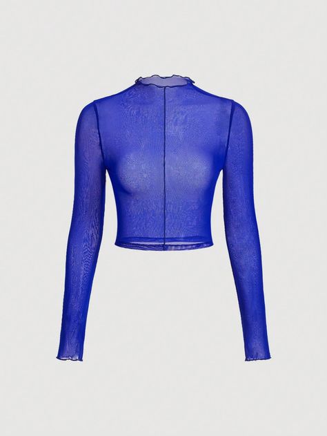 Blue Casual Collar Long Sleeve Knitted Fabric Plain  Embellished Slight Stretch  Women Clothing Electric Blue Outfit, Mesh Top Long Sleeve, Haut Transparent, Top Azul, Sheer Mesh Top, Bleu Azur, Blue Outfit, Stage Outfits, Descendants