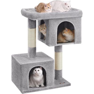 This cat tree features a large 22" x 15.7" perch with well-padded raised edges, offering roomy space for your cat to fully stretch out and relax comfortably. Ideal for 1 large or chubby cat or 2 small cats snuggling together.The upper 2-door cave offers a wide view and easy access. The lower single-door cave is a hideaway for sleepyheads to take a nap and is also great for older cats who have trouble jumping and kittens who are still getting the hang of jumpingThe multi-level design is easy for Cat Tree Condo, Older Cats, Cat Perch, Cat Stands, Cat Cave, Senior Cat, Cat Condo, Gerbil, Cat Tower