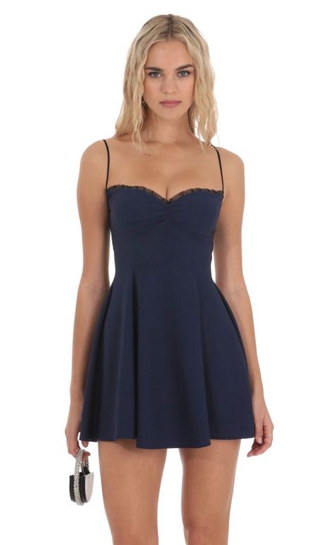 Back Lace A-Line Dress in Navy | LUCY IN THE SKY Blue Hoco Dress, Blue Graduation Dresses, Navy Blue Short Dress, Lace A Line Dress, Cute Homecoming Dresses, Blue Dress Short, Blue Homecoming Dresses, Lucy In The Sky, Casual Day Dresses