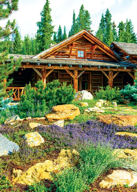 Montana’s Western heritage comes back to life in a rustic four-cabin residential compound in Big Sky’s Yellowstone Club. Rustic Mountain Cabin Exterior, Mountain Landscaping Ideas Cabin, Mountain Cabin Landscaping, Log Cabin Landscaping, Cabin Landscaping Ideas Woods, Idaho Gardening, Montana Gardening, Rustic Mountain House Plans, Gardens Design Ideas