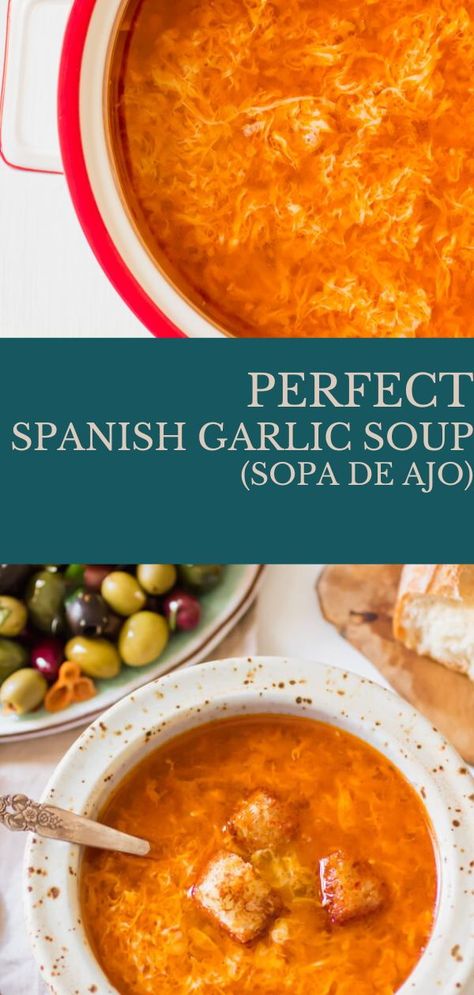 Spanish Recipes, Spanish Cuisine, Cheesecake Danish, Broth Soup, Soups Stews Chilis, Food Soup, Garlic Soup, Easy Soups, Healthy Delicious