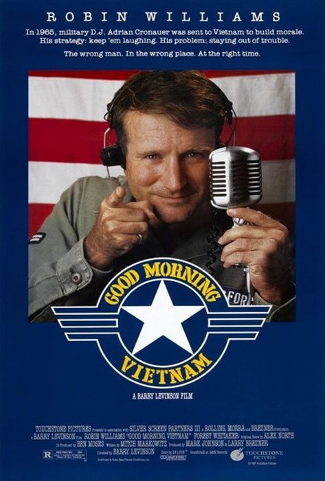 GOOD MORNING VIETNAM (1988) Barry Levinson, Robin Williams, Forest Whitaker Robin Williams Movies, Jim Nabors, Good Morning Vietnam, Lawrence Welk, Forest Whitaker, Plot Outline, Mark Johnson, Perry Como, Posters Design