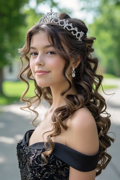 Curled Hair With Tiara, Half Updo With Tiara, Prom Crown Hairstyles, Hair Styles For Tiara, 18th Bday Hairstyles, Prom Hair Tiara, Crown Hairstyles Tiaras, Hairstyles For Bday Party, Prom Hair With Tiara