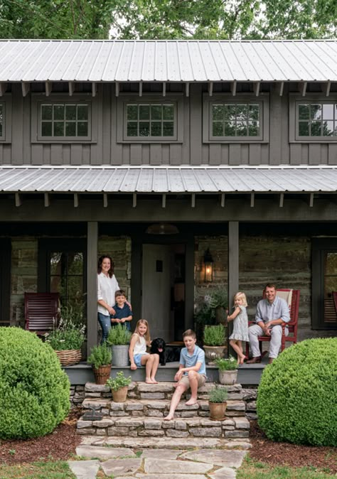 White Log Cabin Exterior, Log Cabin Exterior Ideas, Tennessee Farm, Log Cabin Exterior, New Home Exterior, Land House, American Chestnut, Log Cabin Interior, Lake House Kitchen