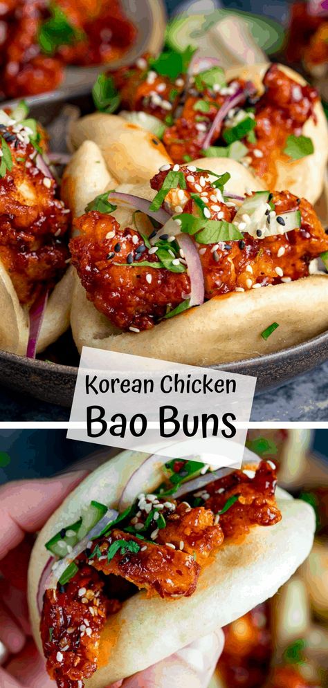 Korean Chicken Bao - foft and fluffy steamed mini bao buns filled with crispy Korean chicken – with full step-by-step instructions. A fantastic party food idea that will really impress your guests! #baobun #chickenbao #koreanchicken #partyfood #gameday #fingerfood Korean Chicken Bao, Chicken Bao Buns, Korean Chicken, Bao Buns, Korean Dishes, Korean Recipes, Korean Bbq, Asian Foods, Asian Cooking