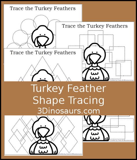 Free Turkey Feather Shape Tracing - 5 shapes for kids to learn with this easy no-prep printable - 3Dinosaurs.com #no-prep #shapes #freeprintables #kindergarten #prek Turkey Letters Preschool, Turkey Shapes Preschool, Thanksgiving Name Craft Preschool, Shape Turkey, Turkey Theme, Shape Tracing, Thanksgiving Activities Preschool, Preschool Thanksgiving, 3 Dinosaurs